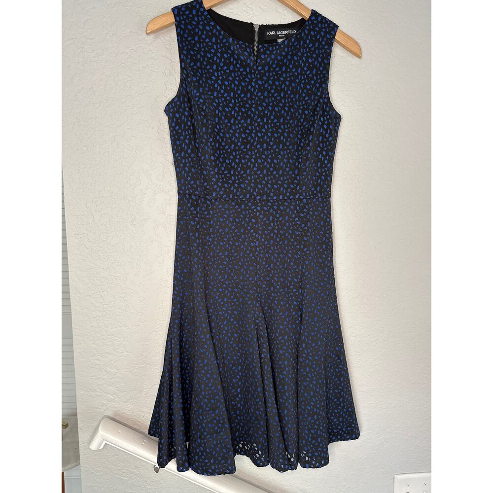 Karl Lagerfeld Blue Black Laser Cut Out Fit Flare Dress Size 4 Skater Retro Y2K